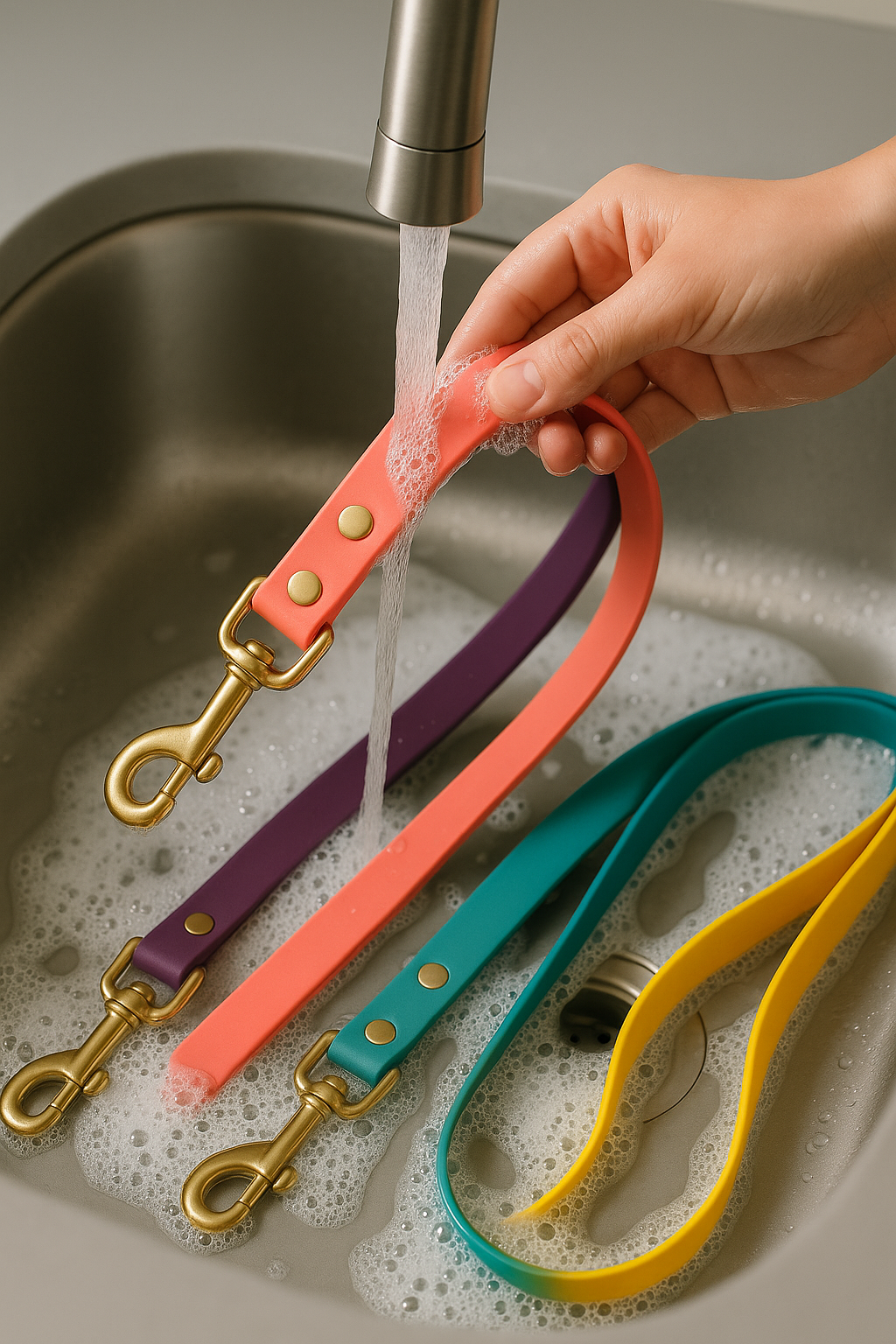 Colorful Biothane leashes by sink